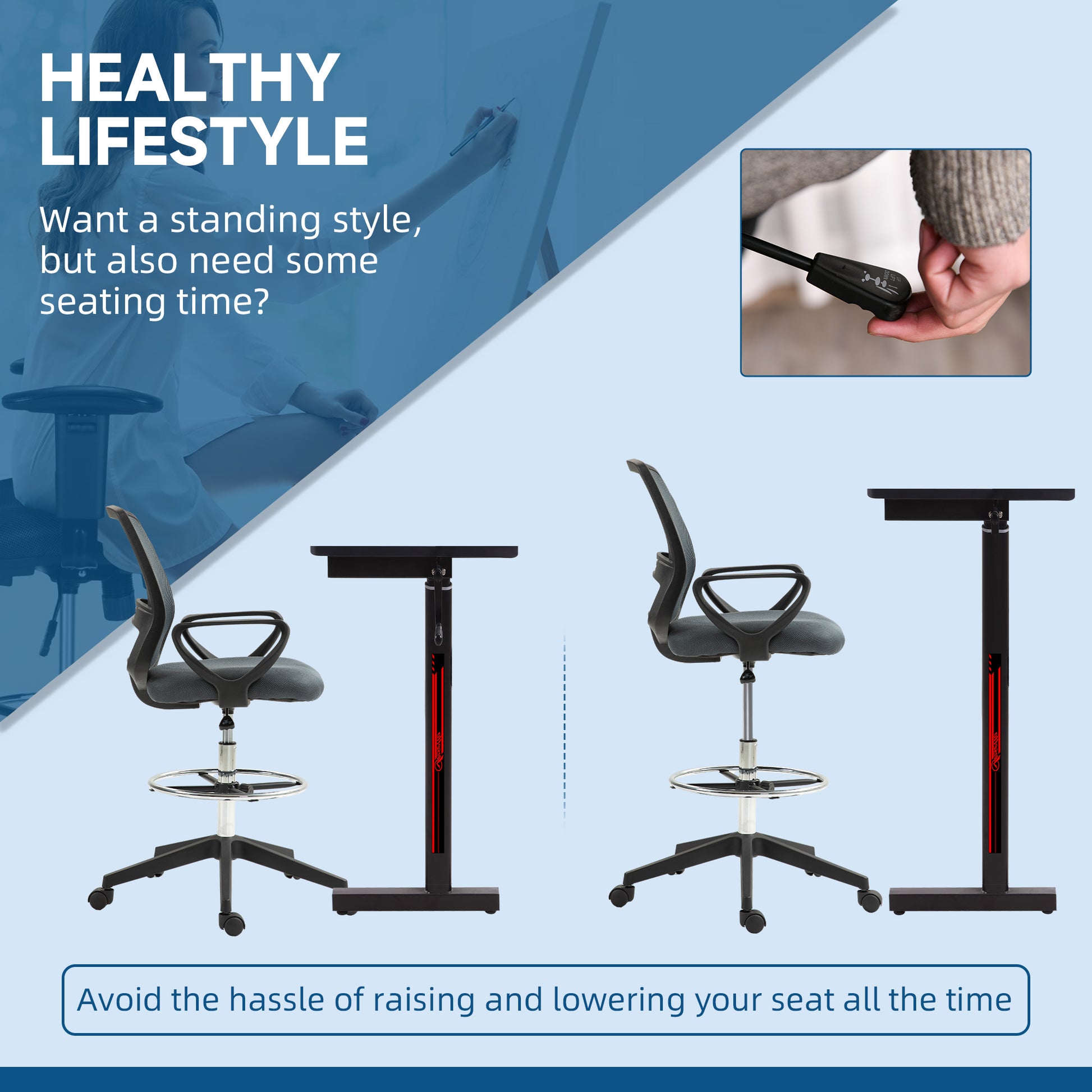 Vinsetto Ergonomic Mesh Back Drafting Chair Draughtsman Chair with Adjustable Height in Grey-2