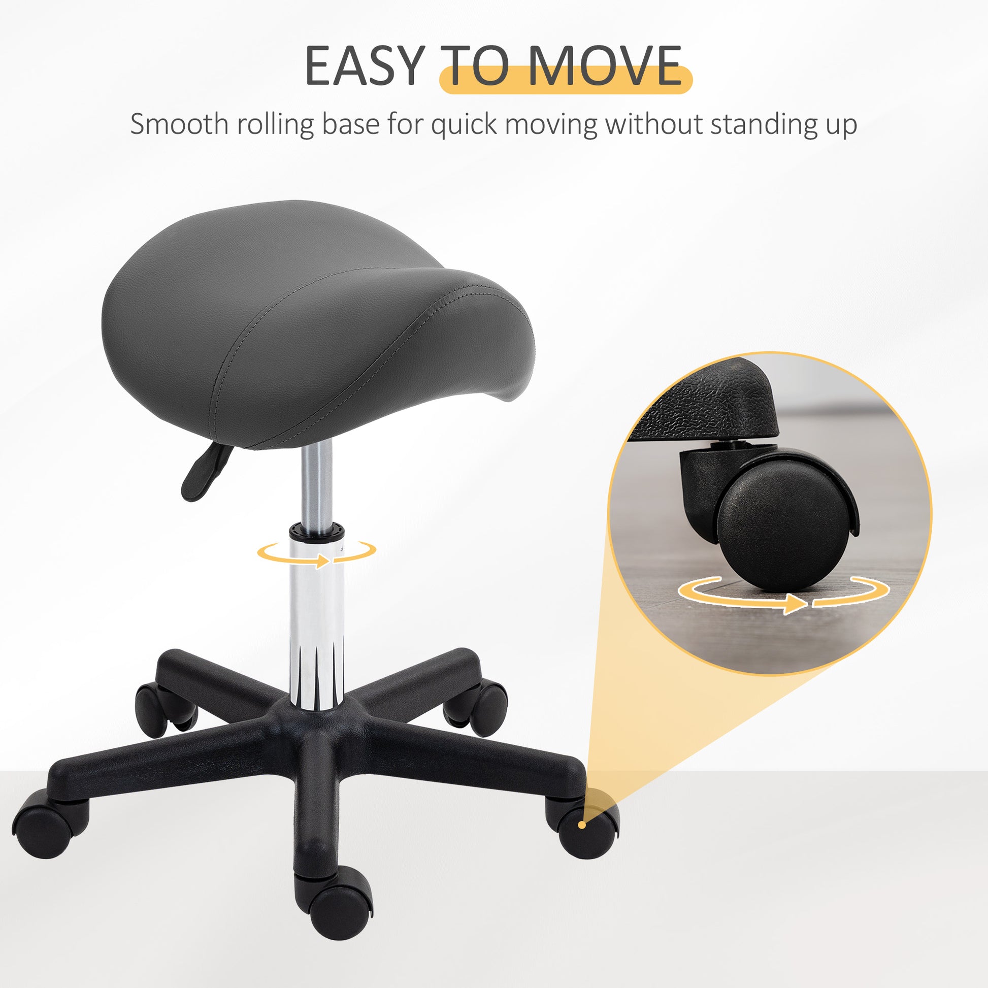 Saddle Stool, PU Leather Adjustable Rolling Salon Chair with Steel Frame for Massage, Spa, Beauty and Tattoo, Grey | HOMCOM-3