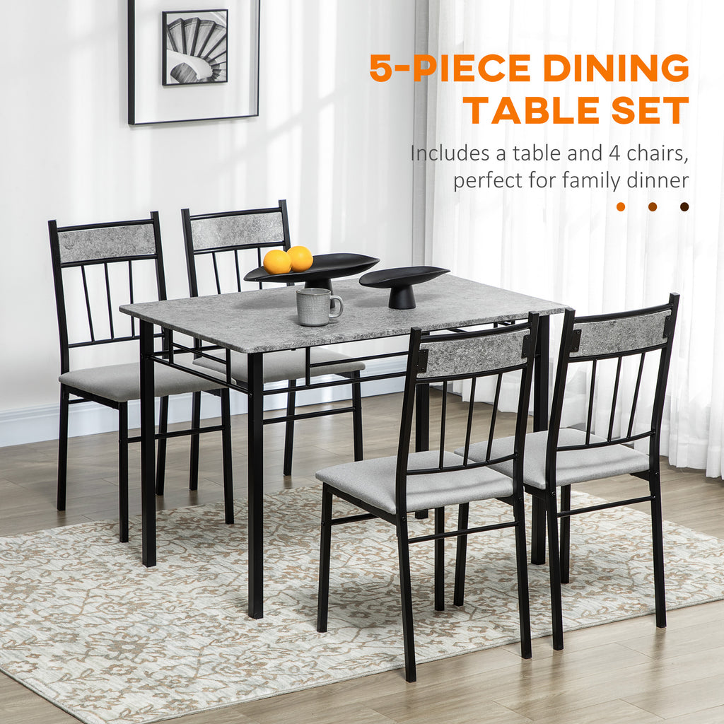 5 Pieces Dining Room Sets, Modern Dining Table and Chairs Set 4 w/ Marble Effect Tabletop, Padded Kitchen Chairs, Light Grey | HOMCOM-2