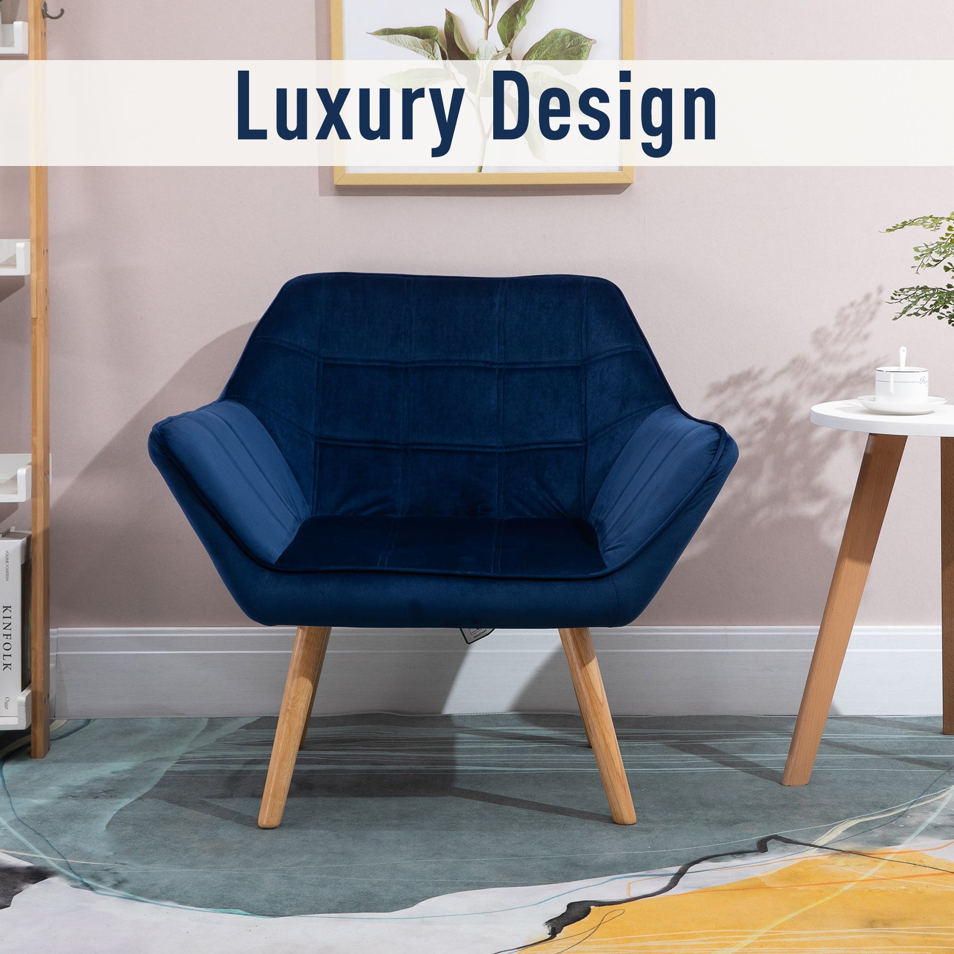 Home Accent Armchair Wide Arms Slanted Back Padding Iron Frame Wooden Legs in Blue | HOMCOM-4