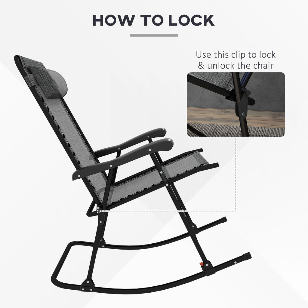 Folding Rocking Chair Outdoor Portable Zero Gravity Chair with Headrest in Grey | Outsunny-3