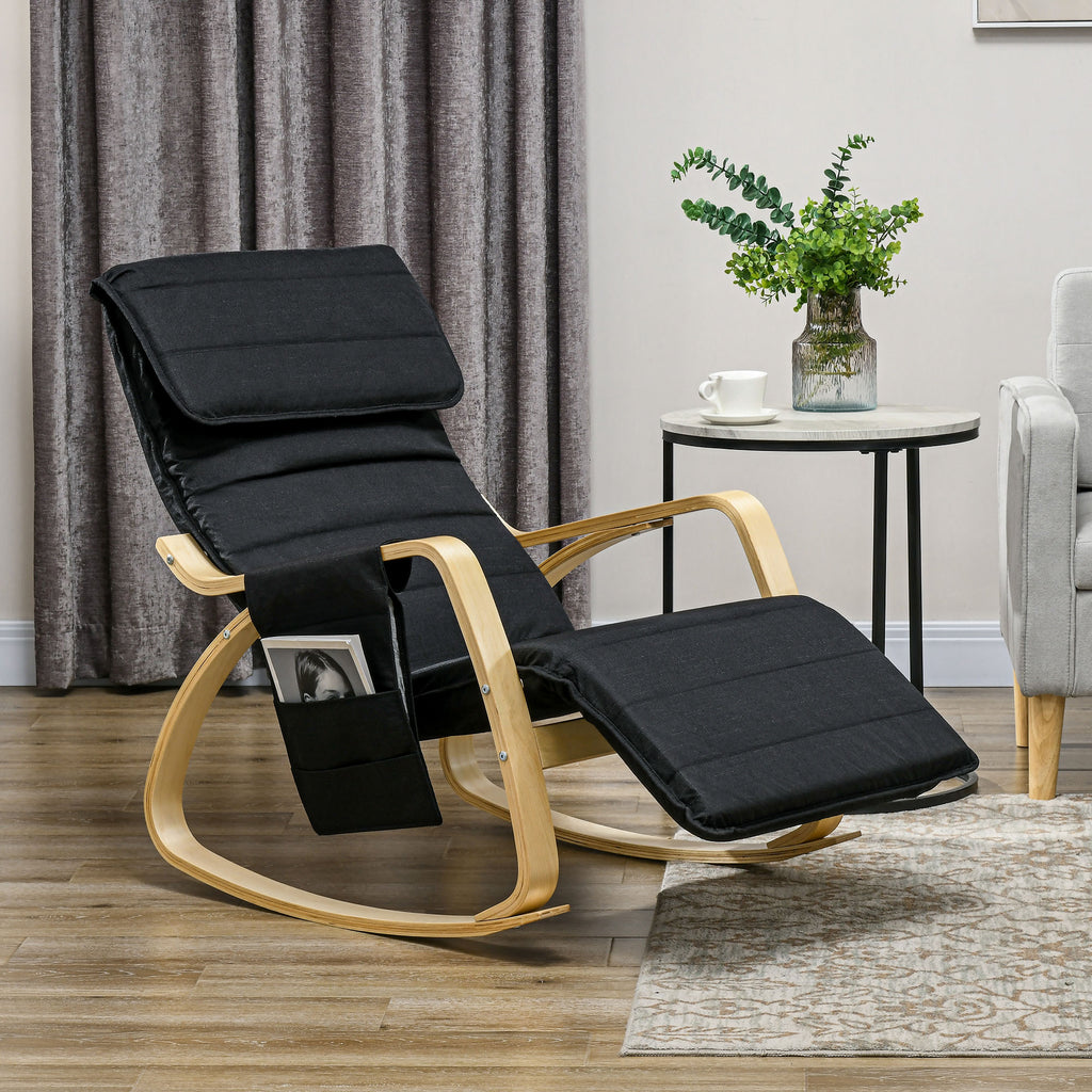 Rocking Lounge Chair Recliner Relaxation Lounging Relaxing Seat with Adjustable Footrest, Side Pocket and Pillow, Black by HOMCOM-8