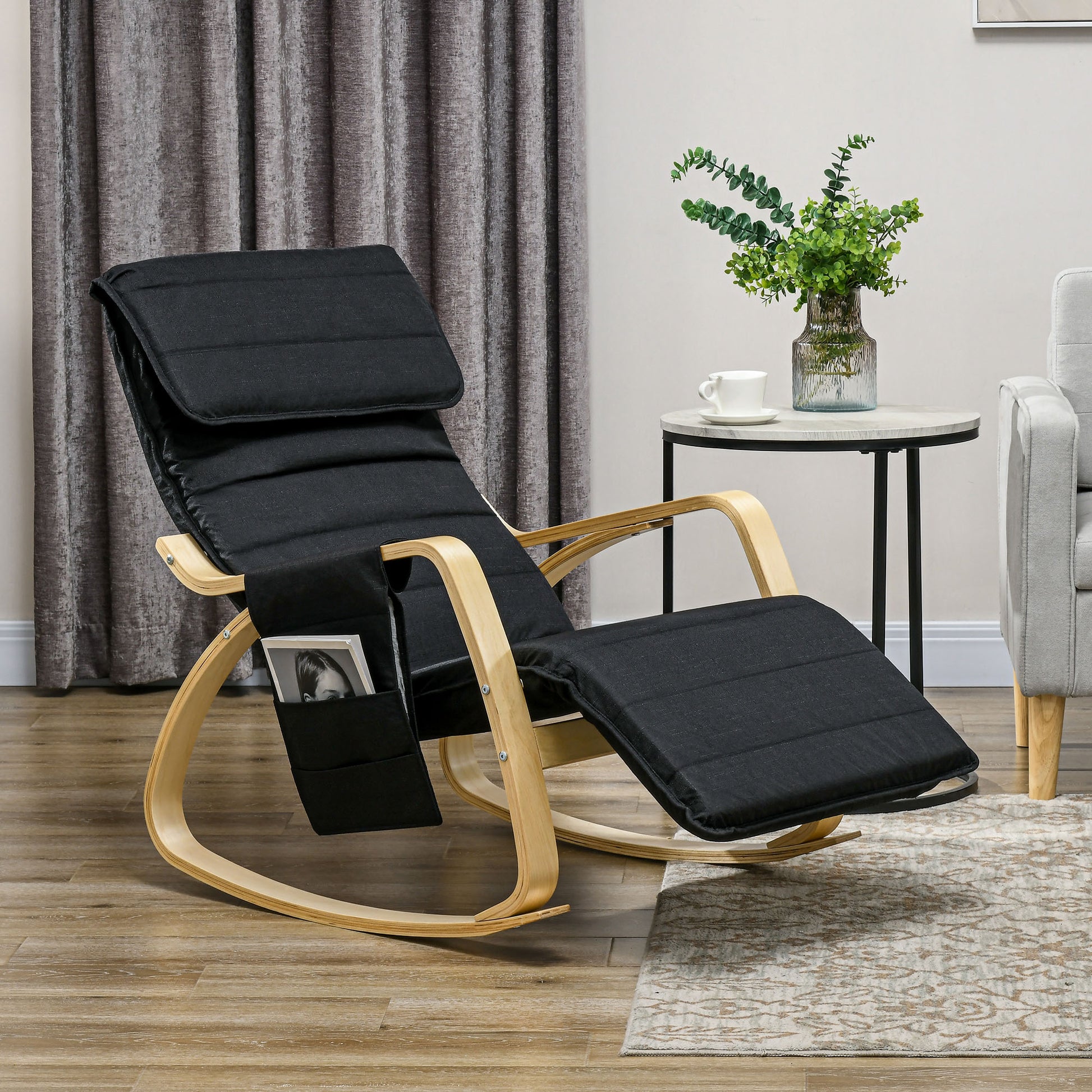 Rocking Lounge Chair Recliner Relaxation Lounging Relaxing Seat with Adjustable Footrest, Side Pocket and Pillow, Black by HOMCOM-8