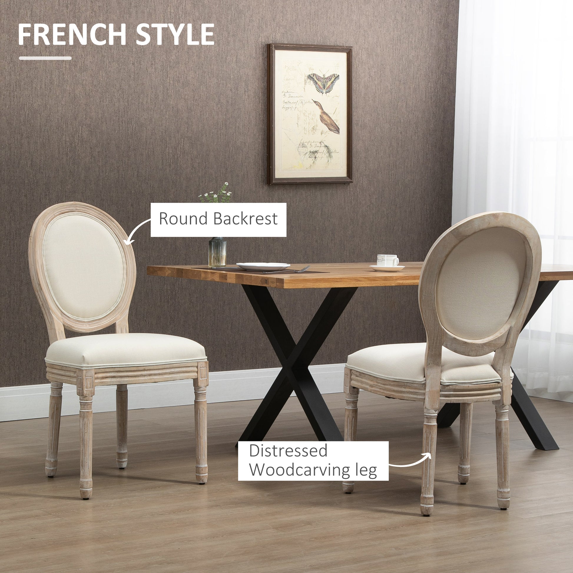 Dining Chairs Set of 2, French-Style Kitchen Chairs, Armless Accent Chairs with Backrest and Linen-Touch Upholstery, Cream | HOMCOM-2