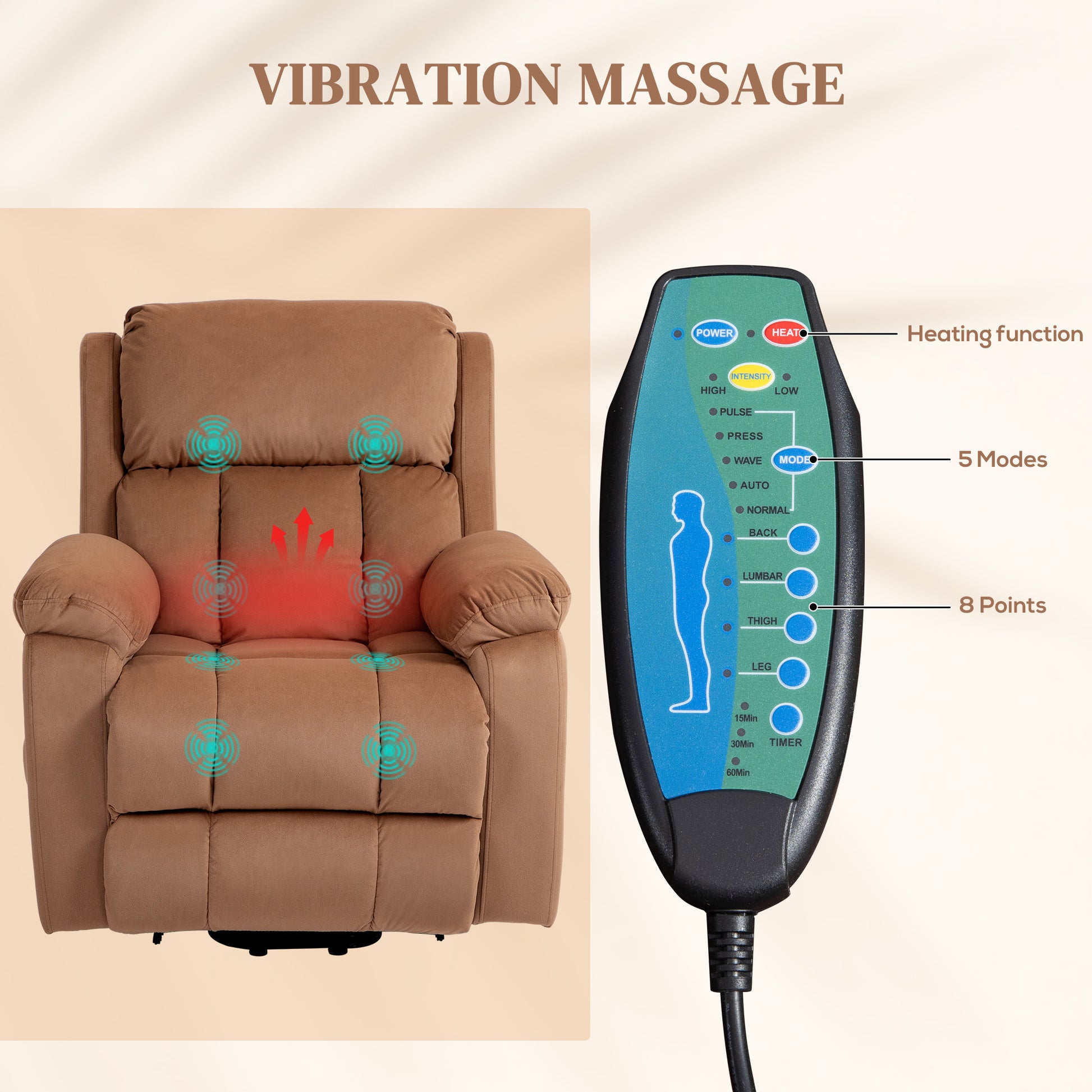 Power Lift Riser and Recliner Chair with Vibration Massage, Heat, Side Pocket in Brown by HOMCOM-3