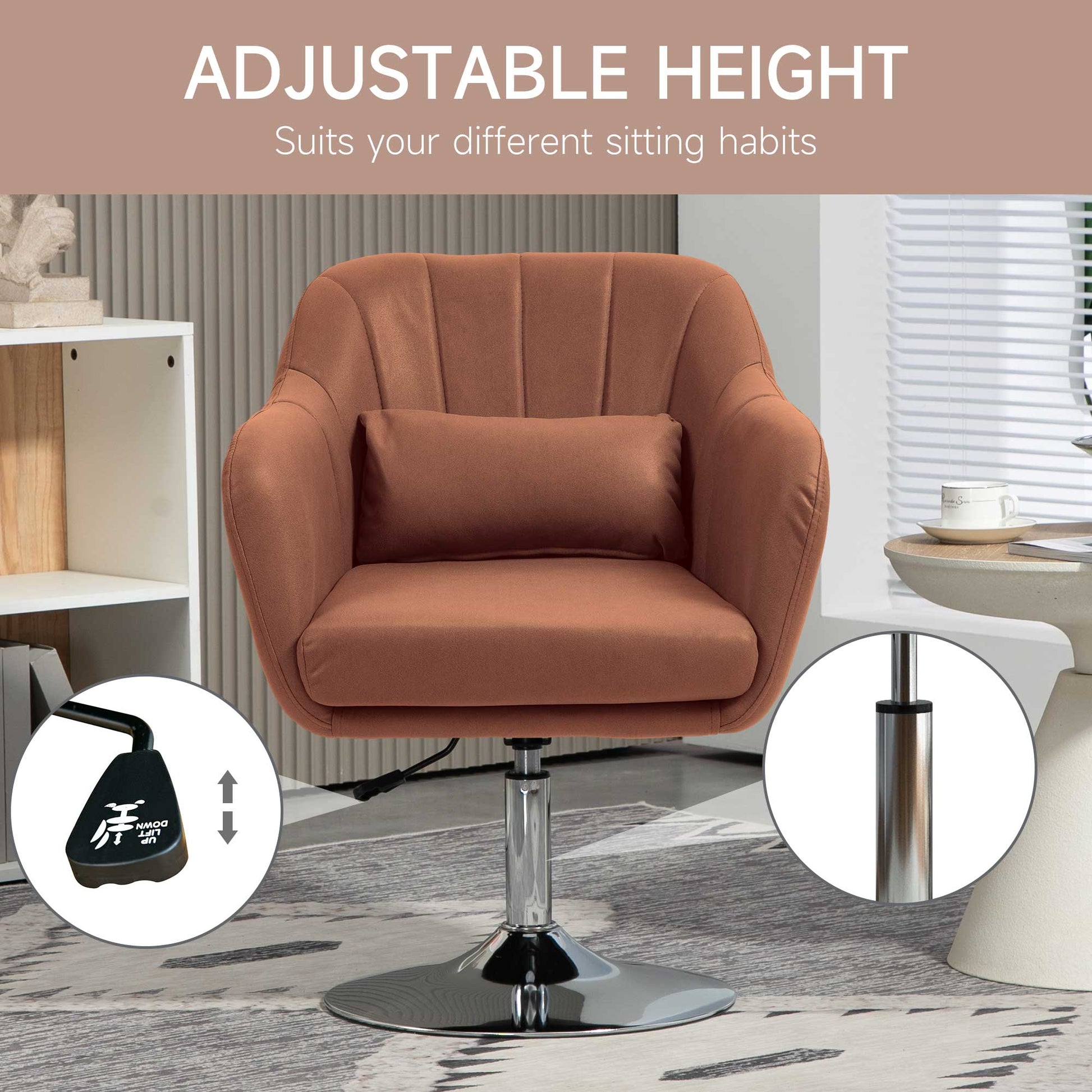 Swivel Accent Chair for Living Room Contemporary Vanity Armchair with Adjustable Height Thick Cushion Lumbar Support Armrest for Bedroom Office Brown by HOMCOM-2