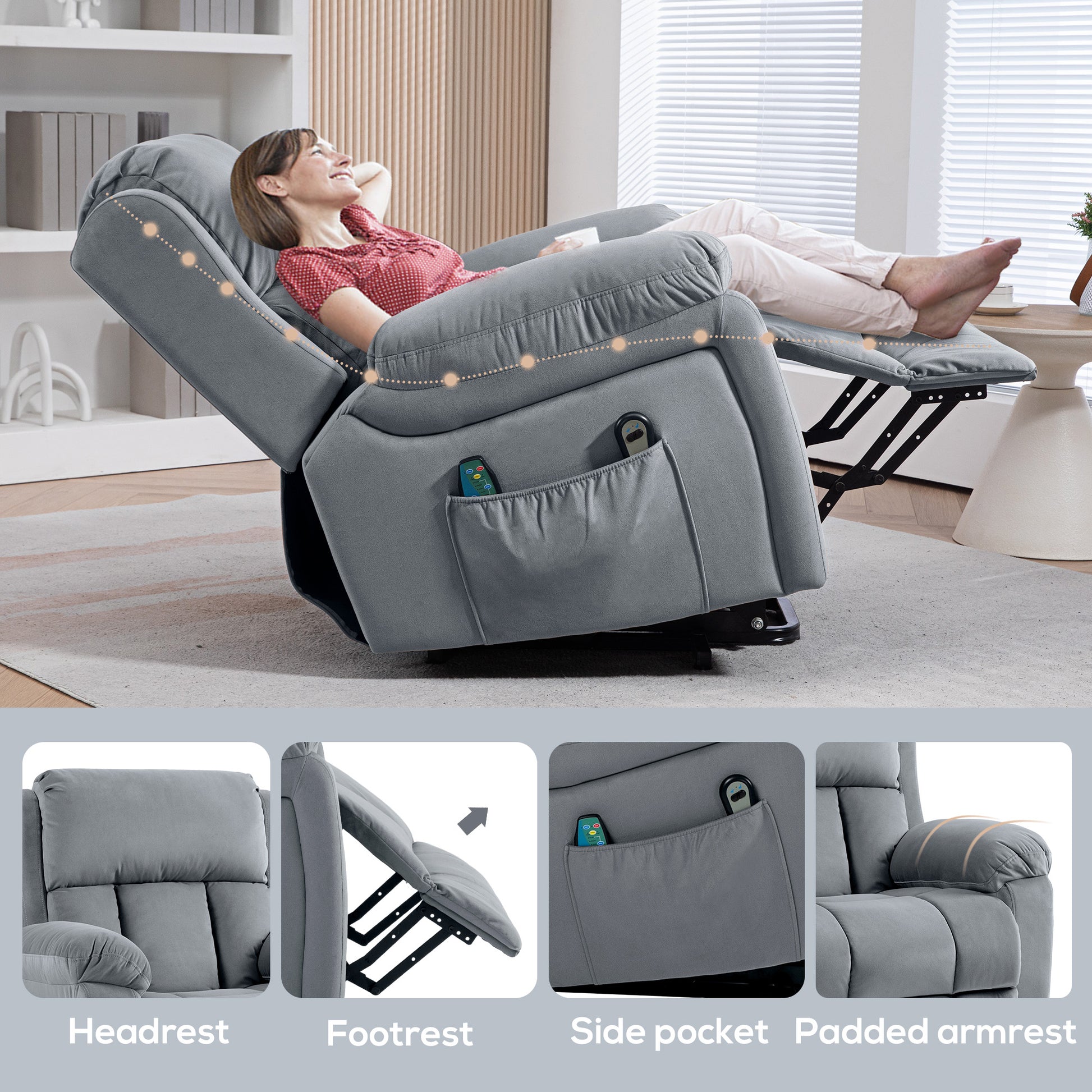 Power Lift Riser and Recliner Chair with Vibration Massage, Heat, Side Pocket, Grey by HOMCOM-7