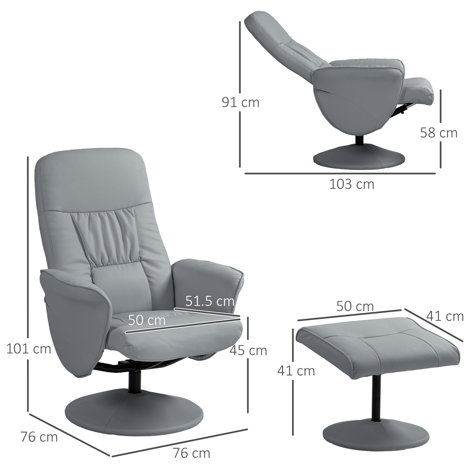 Swivel Recliner Chair with Footstool, HOMCOM PU Leather Armchair and Ottoman with High Back and Round Base for Living Room in Light Grey-1