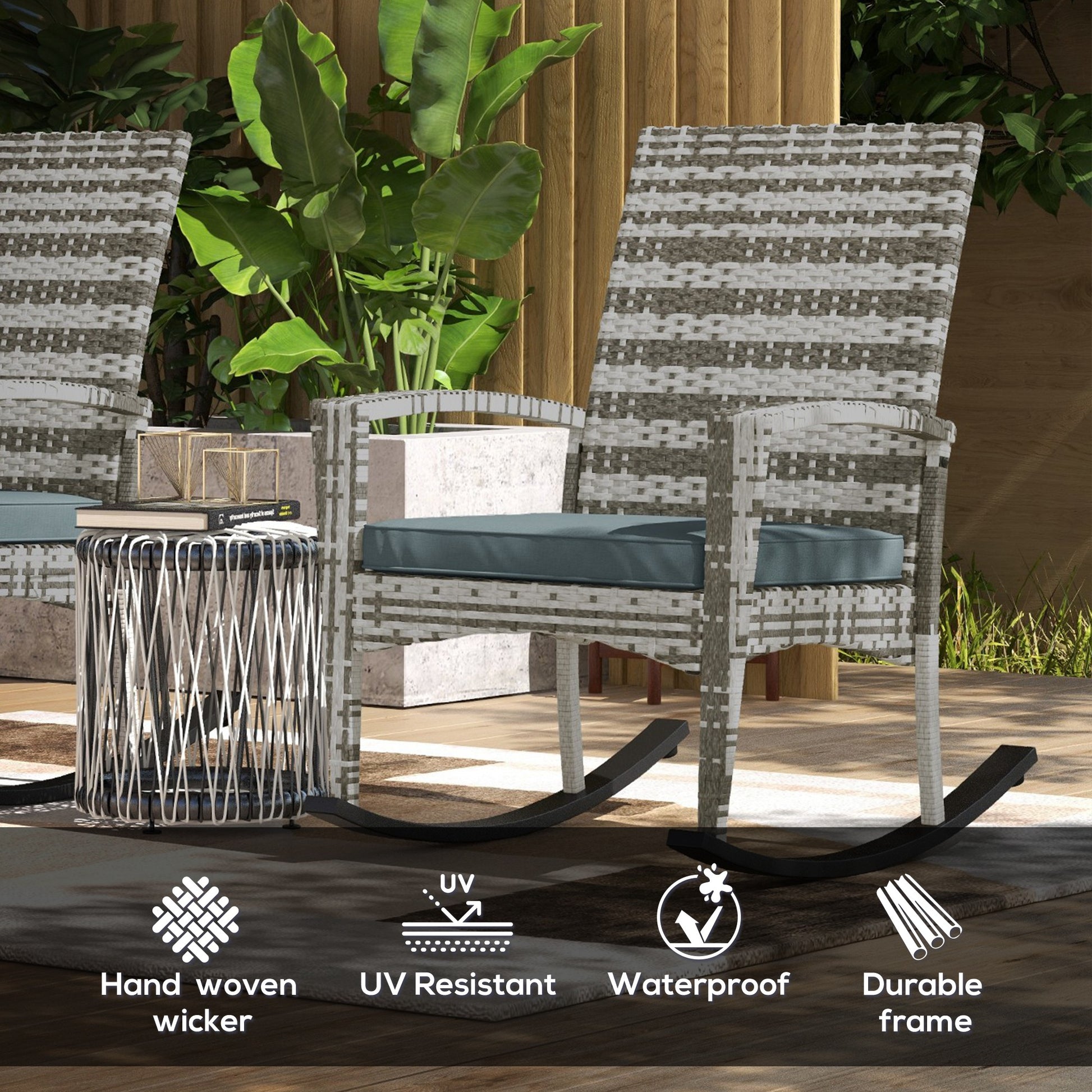 Garden PE Rattan Set of 2 Rocking Chairs with Armrests and Cushion, Light Grey, Outsunny-2