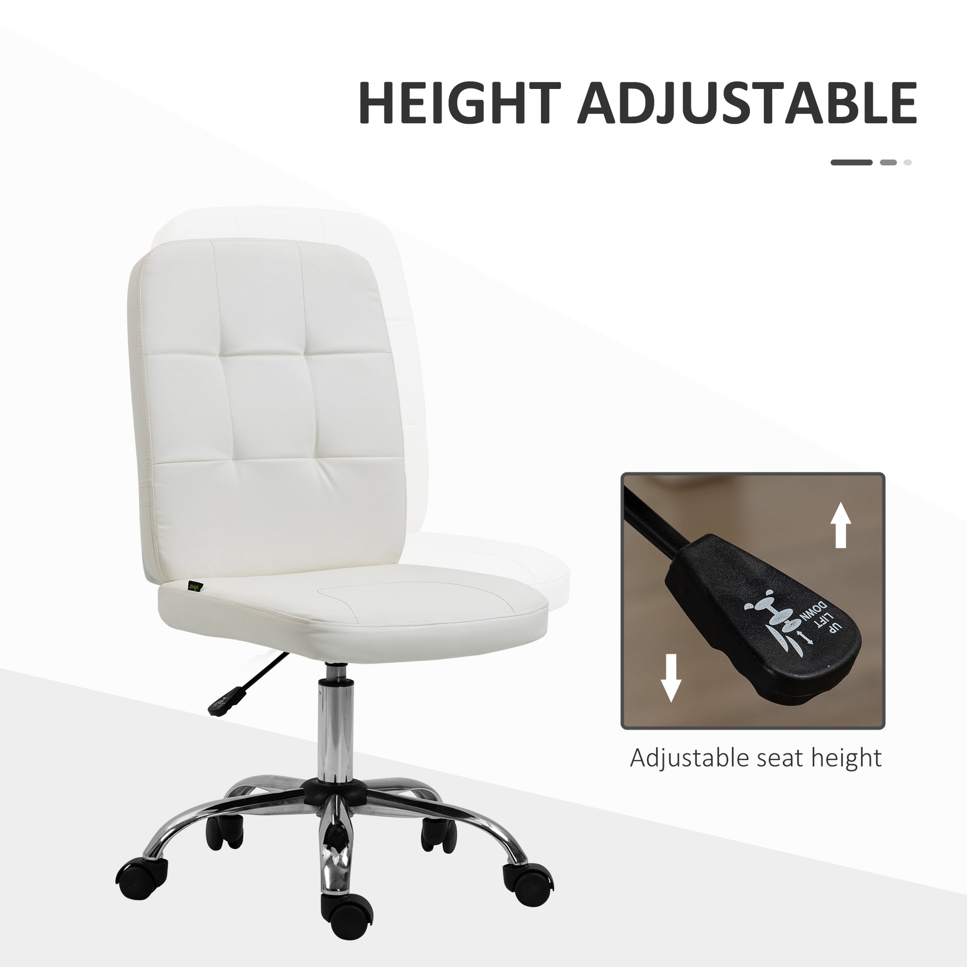 Computer Office Desk Chair, Faux Leather Desk Chair with Adjustable Height, Armless, White | Vinsetto-2