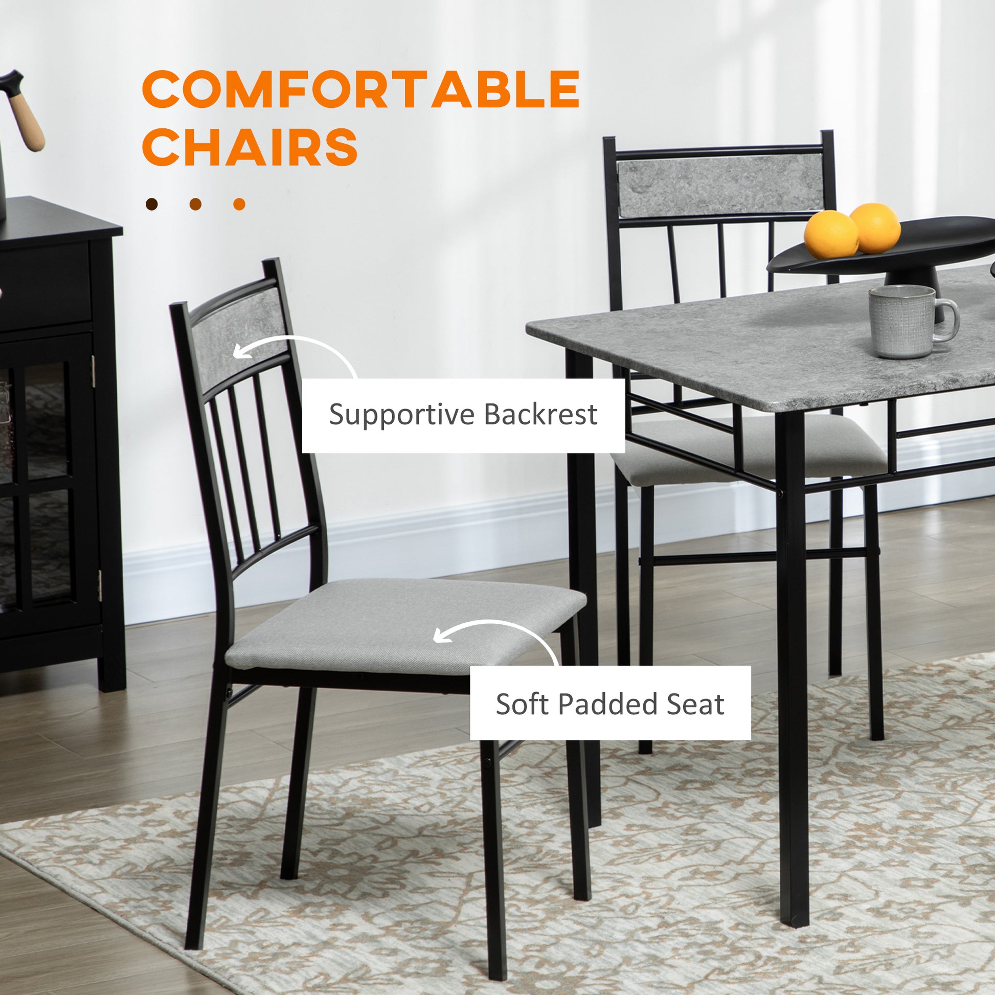5 Pieces Dining Room Sets, Modern Dining Table and Chairs Set 4 w/ Marble Effect Tabletop, Padded Kitchen Chairs, Light Grey | HOMCOM-3