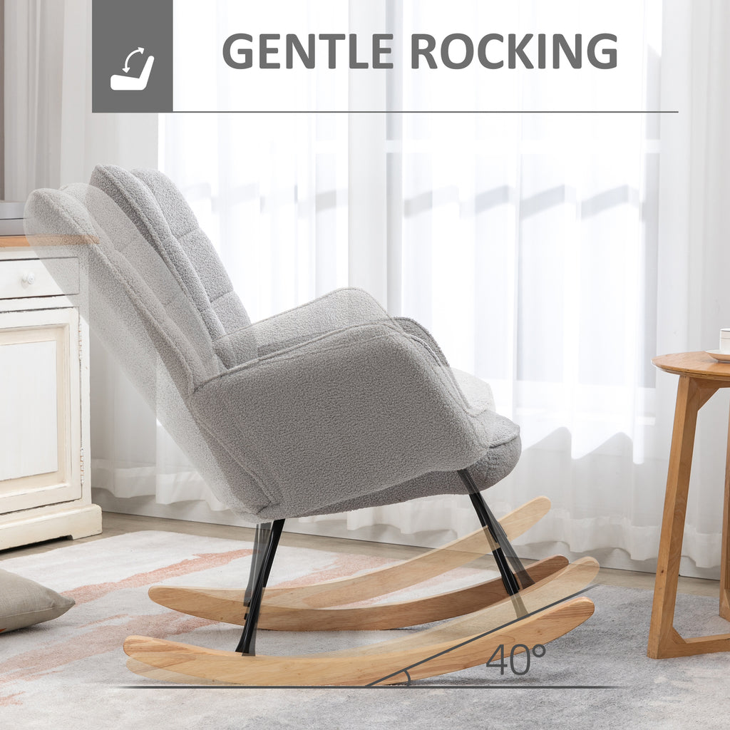 HOMCOM Berber Fleece Nursery Glider Rocker for Nursing, Wingback Rocking Chair for Living Room in Light Grey-2