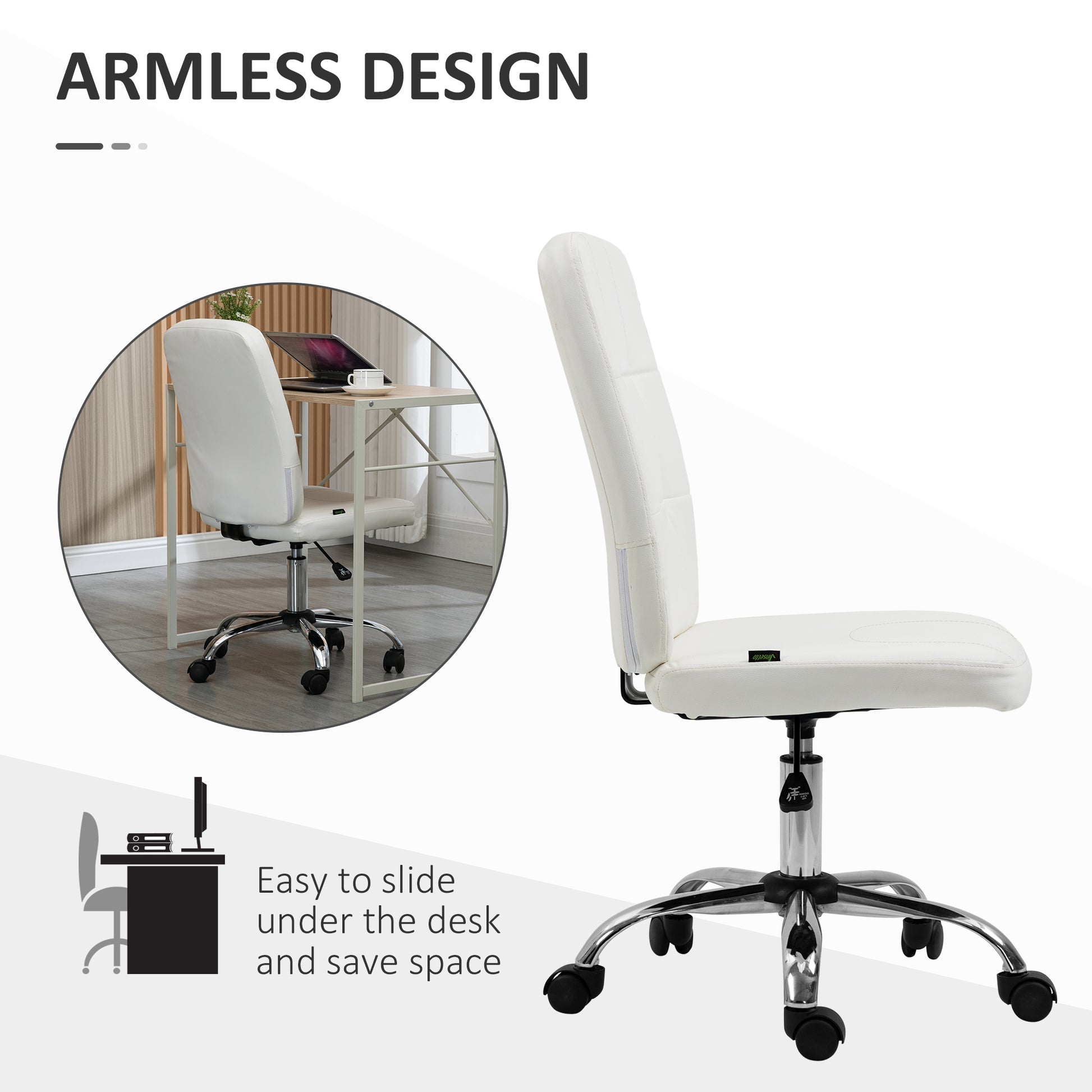 Computer Office Desk Chair, Faux Leather Desk Chair with Adjustable Height, Armless, White | Vinsetto-4
