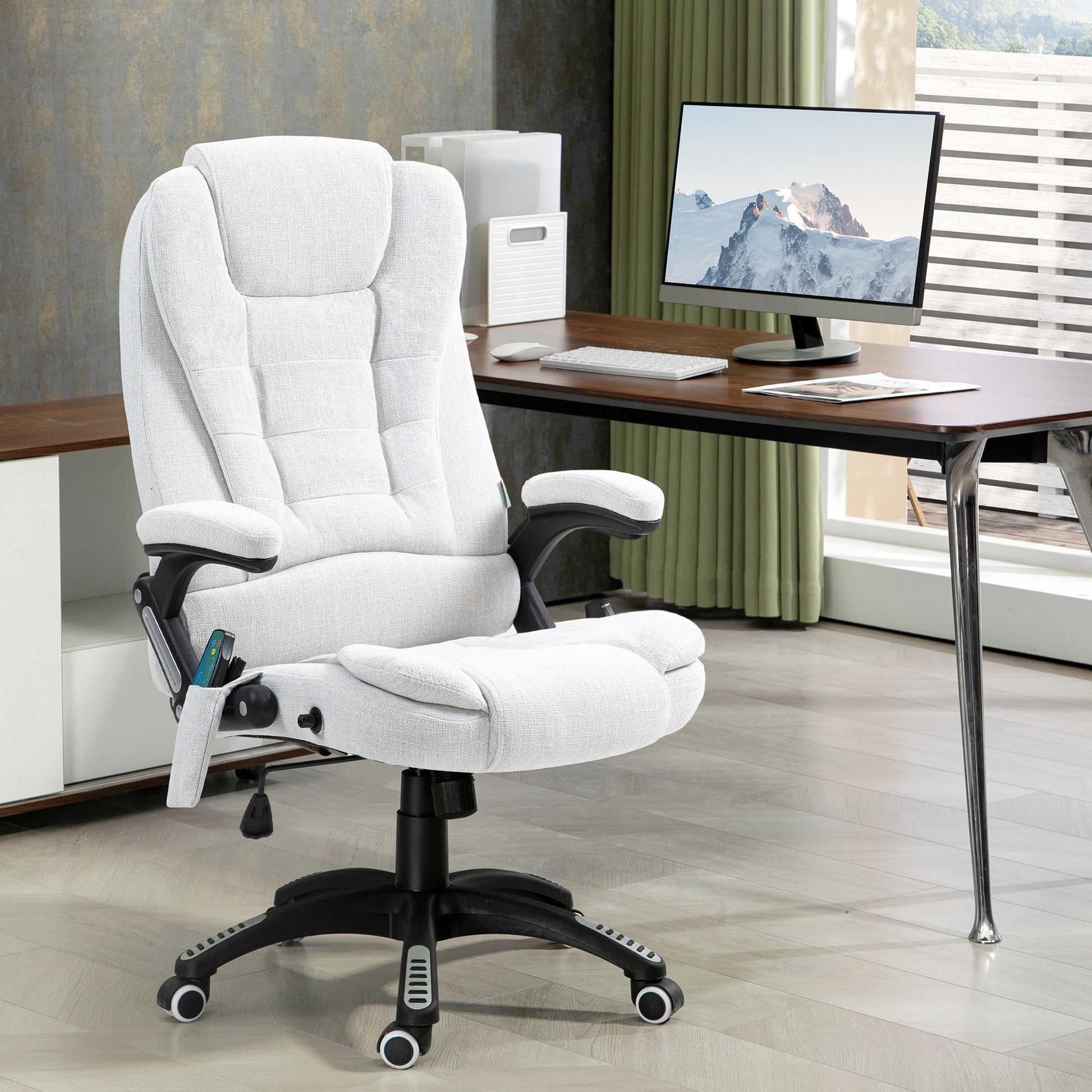 Vinsetto Massage Office Chair with 6 Heated Vibration Points, Executive Office Chair with Linen-Feel Fabric 360°, Swivel Wheels in Cream White-8