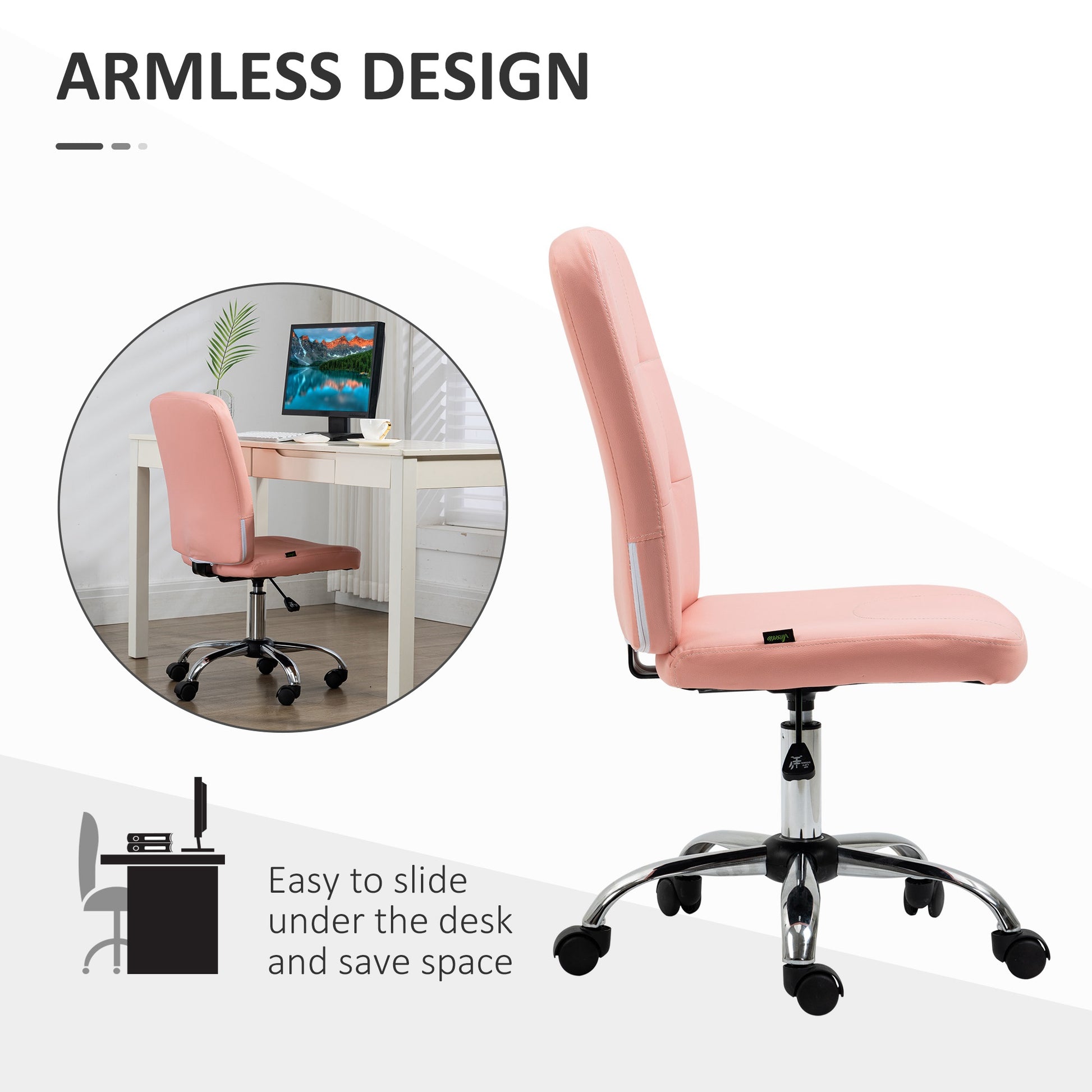 Vinsetto Armless Faux Leather Office Chair in Pink-4