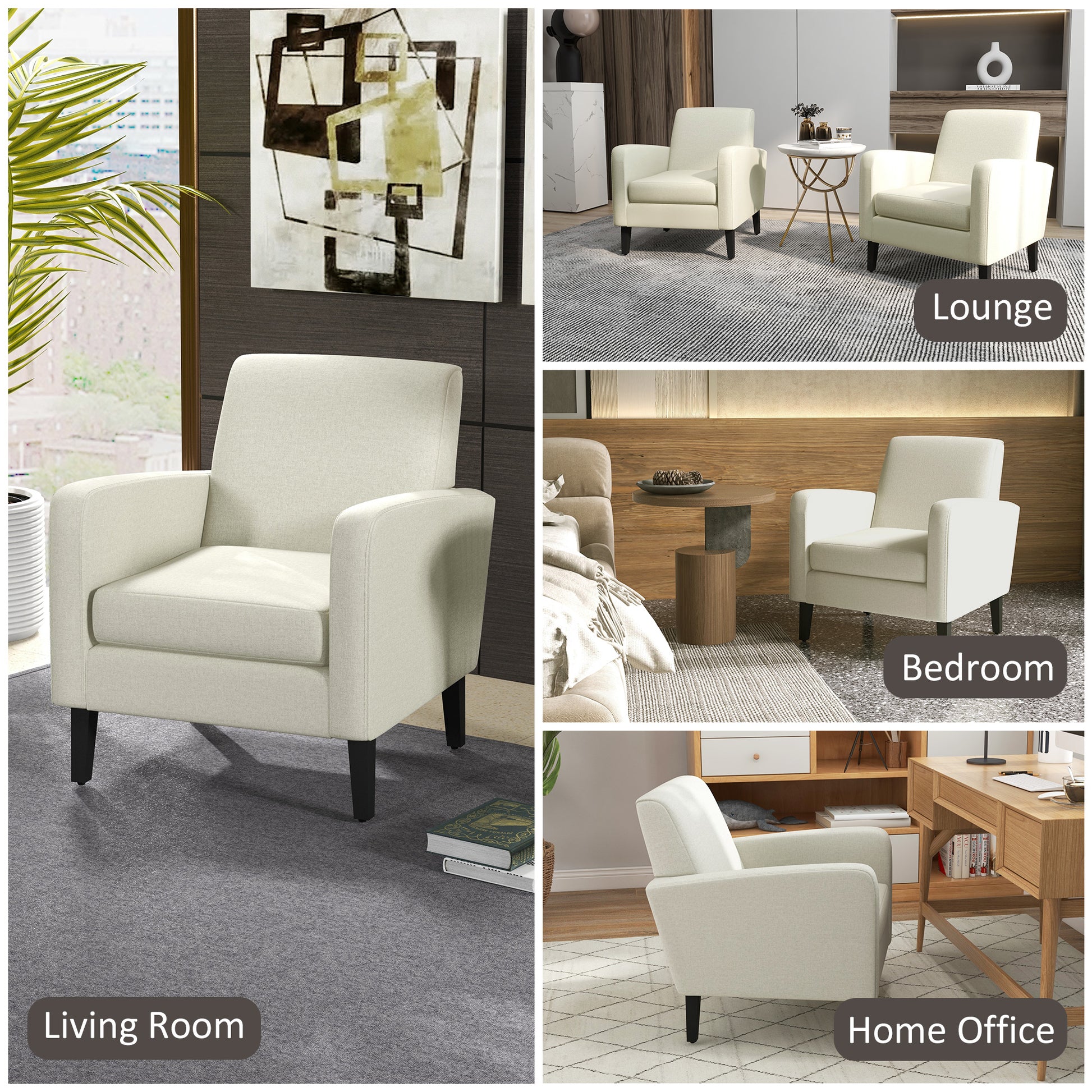 2x HOMCOM Modern Armchairs with Rubber Wood Legs, Upholstered Accent Chairs, Single Sofa for Living Room, Bedroom, Cream White-5